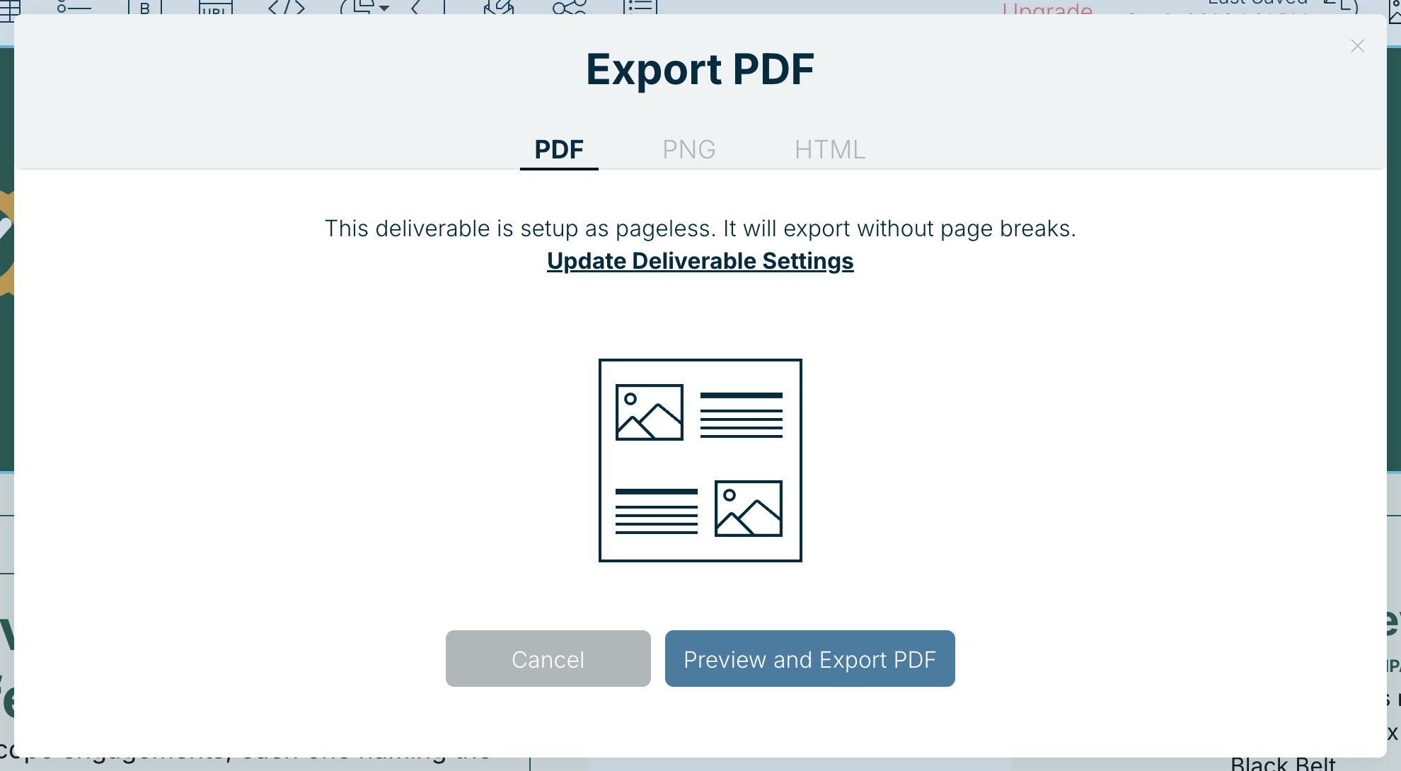 The Export panel with PDF, PNG and HTML tabs