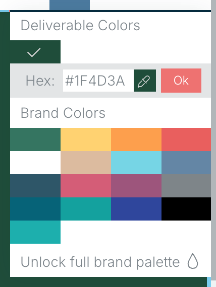 The Deliverable Main Color menu with your brand colours and a hex field